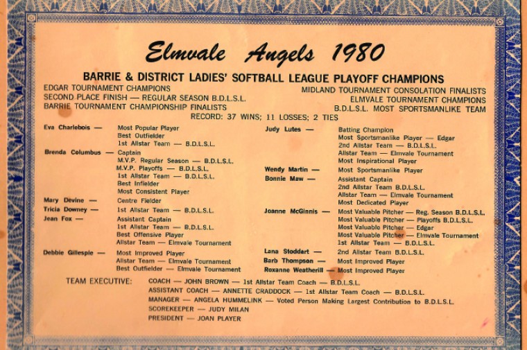 Elmvale Angels Certificate 1980