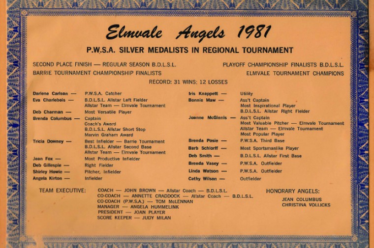 Elmvale Angels Certificate 1981