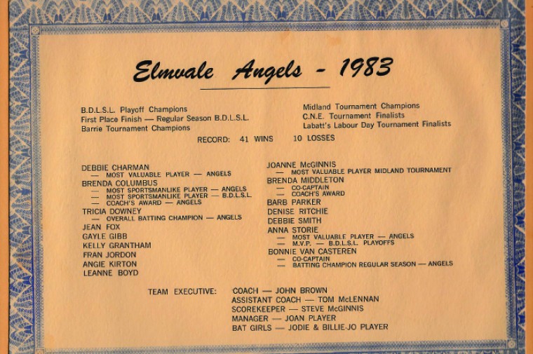 Elmvale Angels Certificate 1983