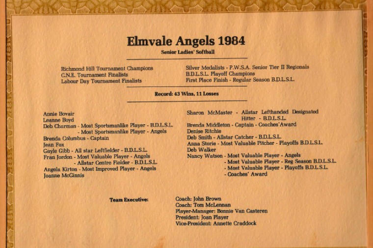 Elmvale Angels Certificate 1984